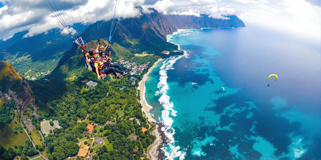 Aerial view of colorful paragliders over Bali coastline.