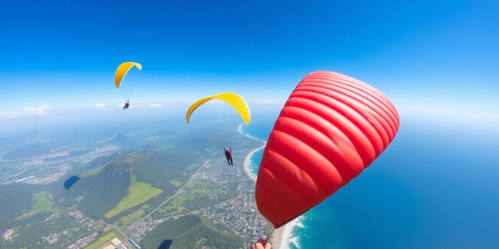 Colorful paragliders flying over Bali's scenic coastline.